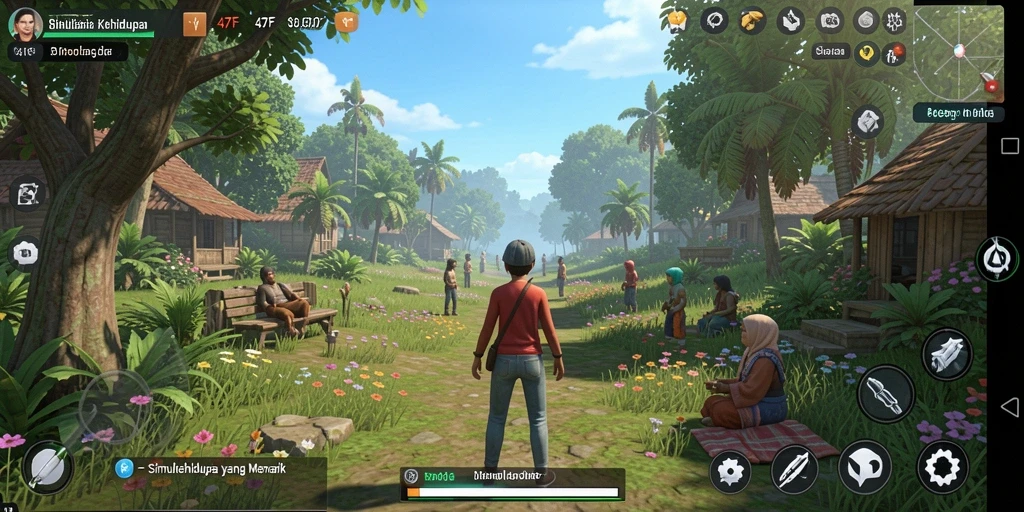 Screenshot gameplay <strong>47F</strong> yang memperlihatkan interaksi karakter dalam simulasi.