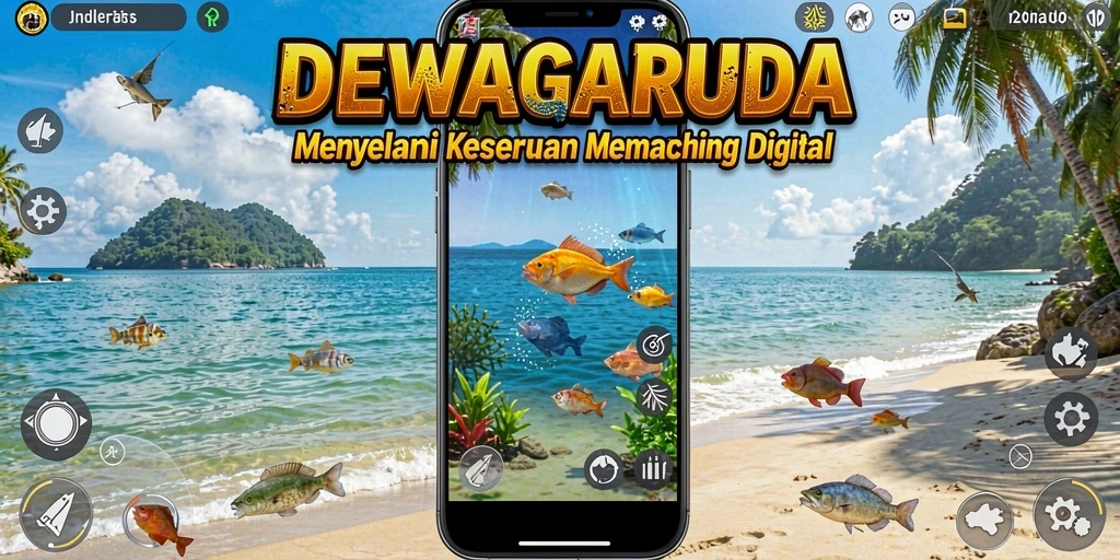 Screenshot DEWAGARUDA memperlihatkan pemain menangkap ikan di lokasi yang indah.