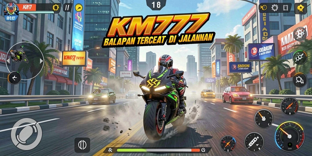 Screenshot gameplay KM777 menunjukkan balapan motor yang mendebarkan.