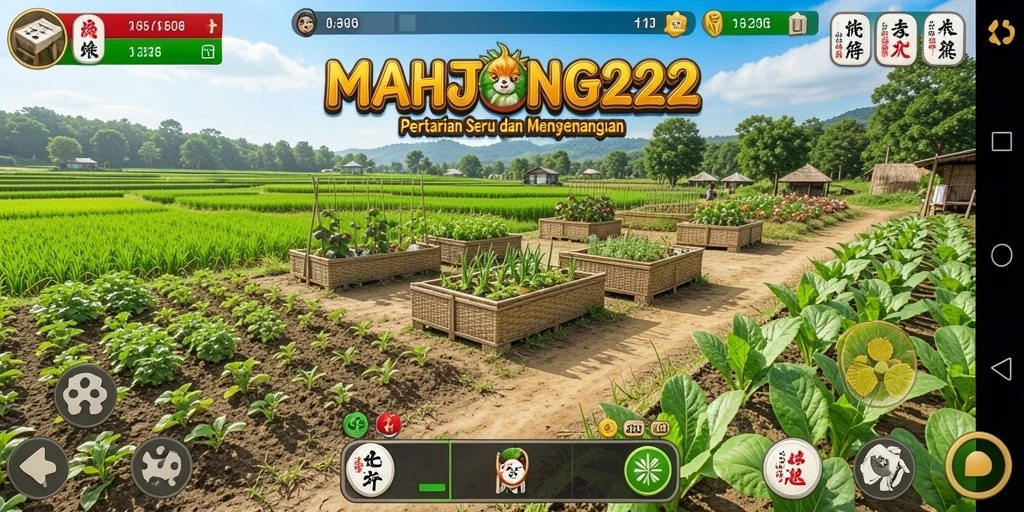 Tampilan gameplay MAHJONG222 yang menampilkan pertanian yang indah.