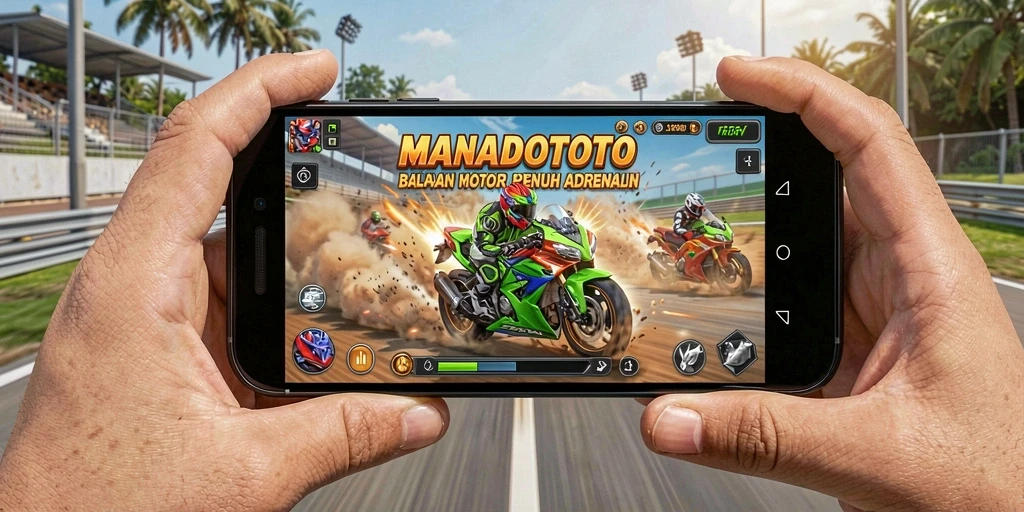 Tangkapan layar utama MANADOTOTO menampilkan aksi balapan motor yang mendebarkan.
