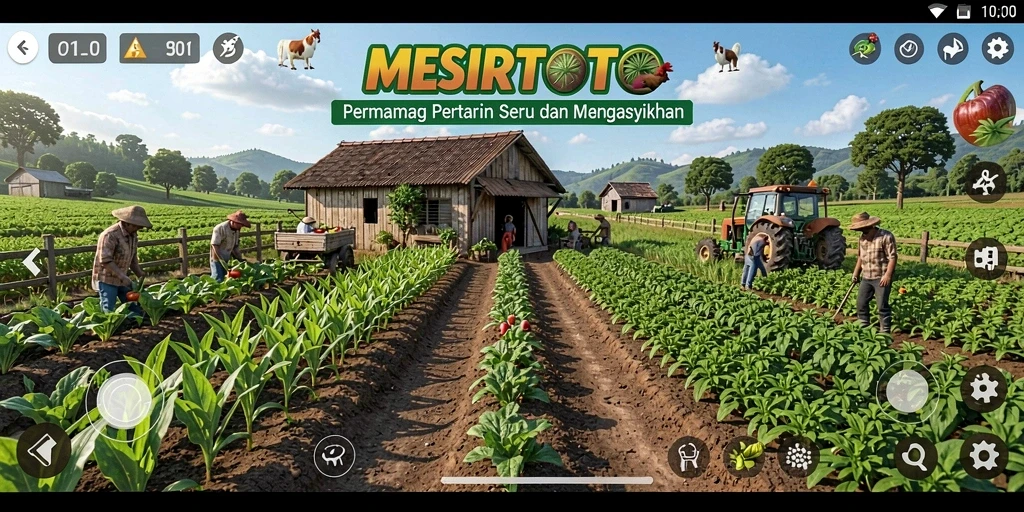 Screenshot gameplay MESIRTOTO menampilkan ladang pertanian yang indah dengan berbagai tanaman.