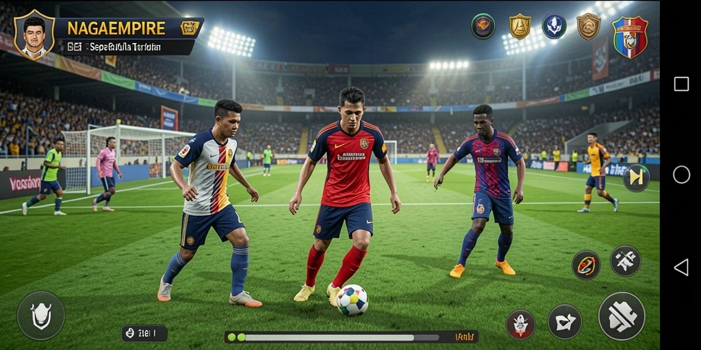 Tampilan gameplay seru di lapangan sepak bola.
