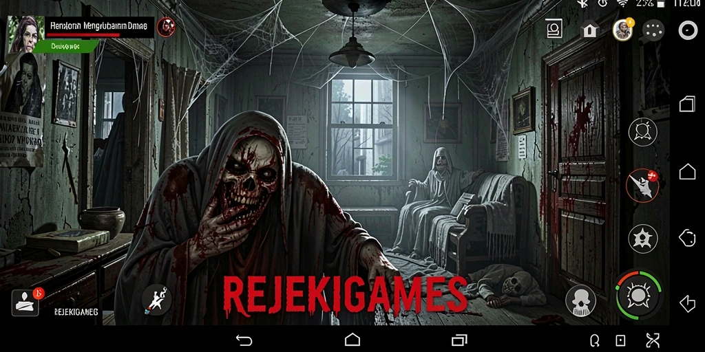 Screenshot permainan <strong>REJEKIGAMES</strong> menunjukkan momen menegangkan saat menghadapi makhluk horor.