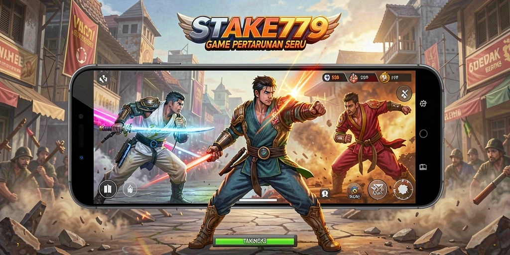 Tampilan gameplay STAKE779 yang menampilkan pertarungan seru dan karakter unik.