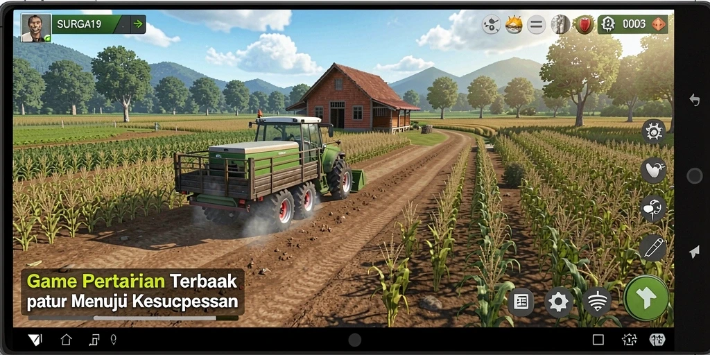 Tangkapan layar gameplay SURGA19 menampilkan ladang yang subur dan hewan ternak.